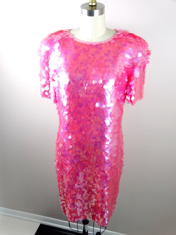 S/M Pink Paillette Sequined Dress // Pastel Pink … - image 5