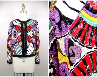 Art Deco Beaded Bolero / Colorful Bright Color Block Sequin Cropped Jacket