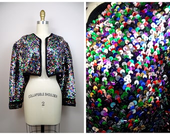 50s 60s Confetti Sequined Mini Cardigan // 1950's 1960's Rainbow Sequin Cropped Sweater