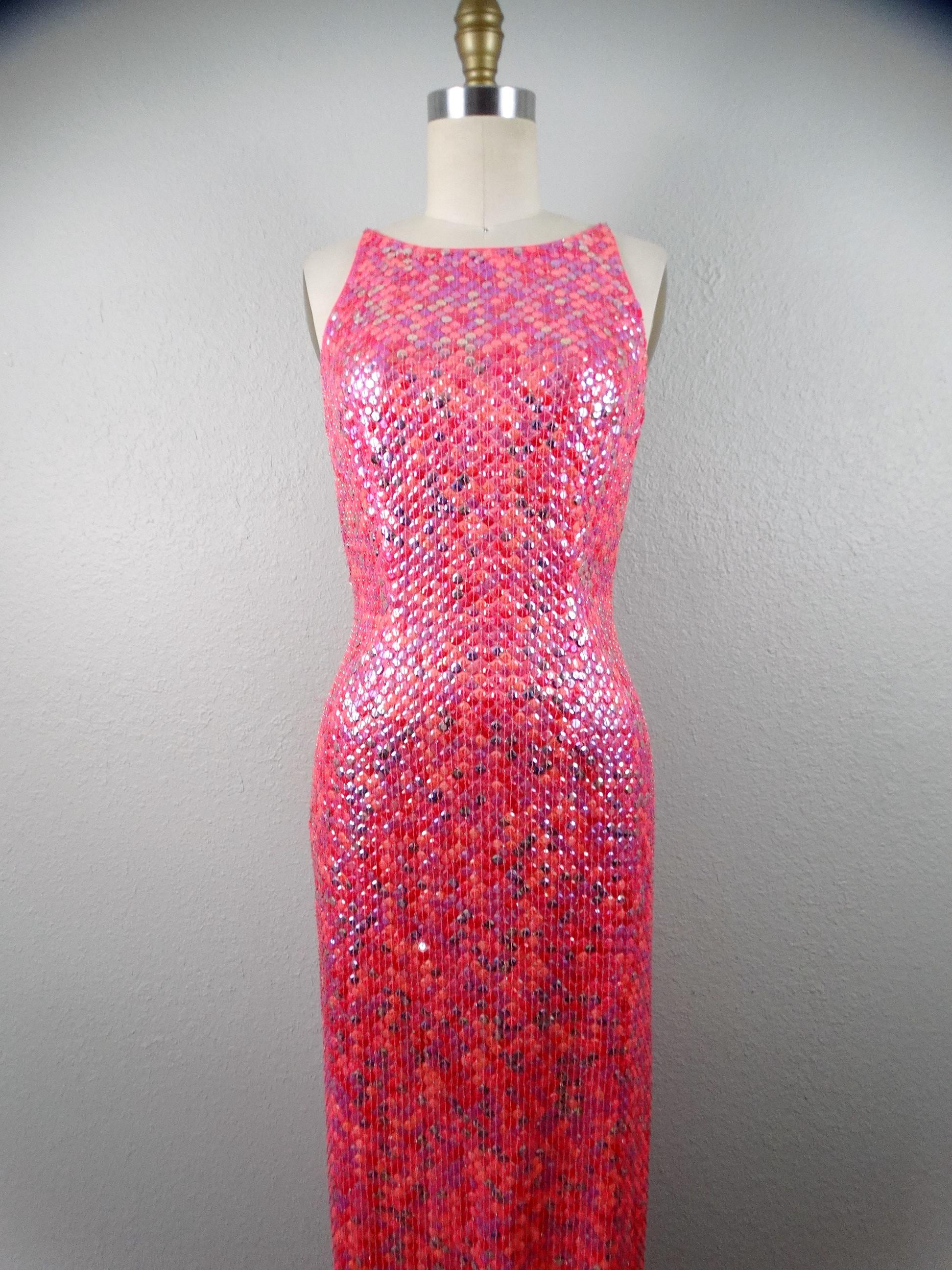 DAZZLING Barbie Pink Sequin Gown / Bright Hot Pink Sequined Dress W/ High  Slit Size Small - Etsy