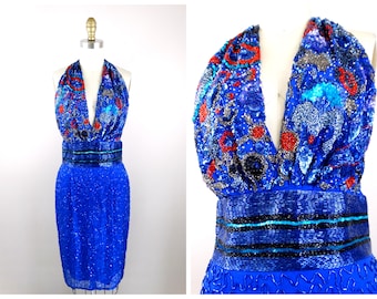 XS/S Royal Blue Beaded Dress / Sexy Vintage Dress / Fully Beaded Halter Dress / Backless Embellished Dress
