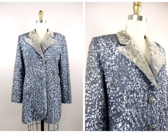 Galanos Couture Sequin Blazer, Iridescent Gray Evening Jacket, Vintage Designer