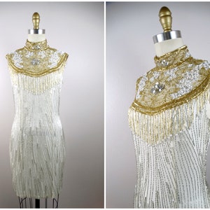 XS/S Gold and Silver Beaded Fringe Mini Dress // High Neck Sleeveless Dress // Pearl Embellished Sequin Ivory Dress