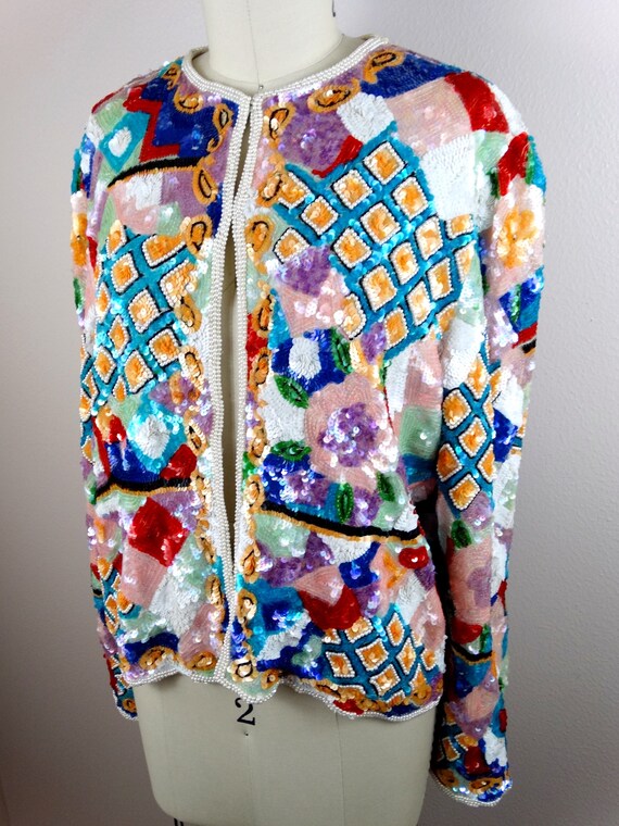 Colorful Couture Sequined Cardigan // Retro Sequi… - image 3