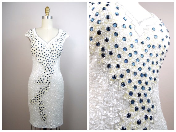 Sapphire Bejeweled White Sequin Dress / Gemstone Beaded