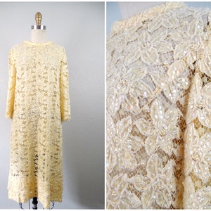 50s 60s Lace Beaded Sheer Dress Shell • Mid Century Mod Couture Pastel Pale Yellow 1950's 1960’s Embellished Dress