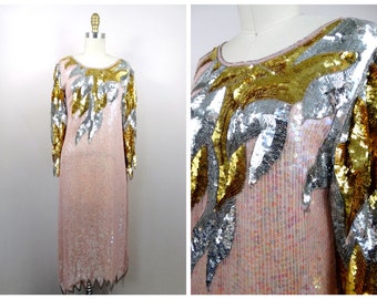 70s Blush Pink Silver and Gold Sequin Art Deco Dress Small