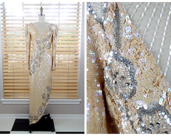 Cream Sequin Beaded Gown • Iridescent Ivory and Silver Beaded Dress • Art Deco Wedding Gown