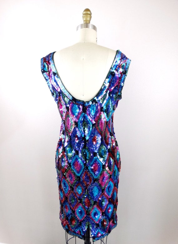 S/M Bright 1980s Sequin Dress / Pink Purple and B… - image 4