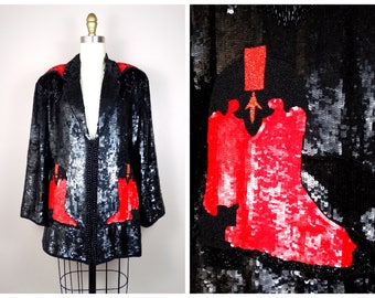 RARE Rodeo Fringe Beaded Sequin Jacket / Novelty Western Cowboy Boots Blazer Coat / Black & Red Fully Sequined Jacket
