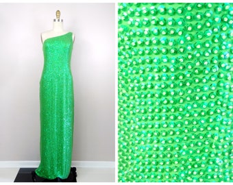 90s Couture Sequin Gown / Neon Iridescent Fluorescent Lime Green Beaded Gown