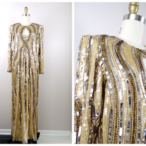 VTG Sequined Beaded Gown by Judith Ann Creations // Art Deco Silver & Beige Silk Sequin Dress // Avant Garde Dynasty Gown