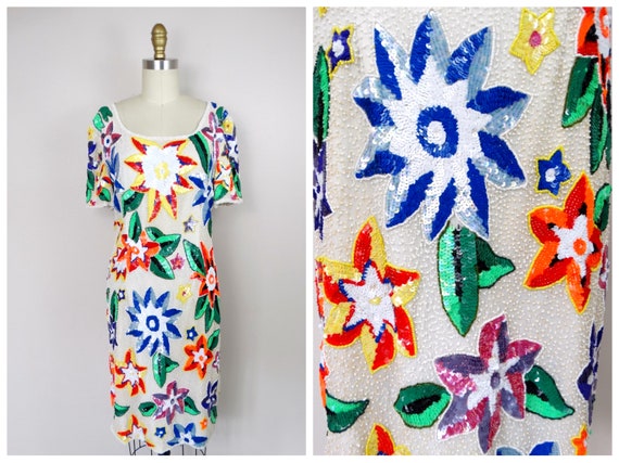 90s Neon Sequin Floral Dress // Bright Vintage Be… - image 1