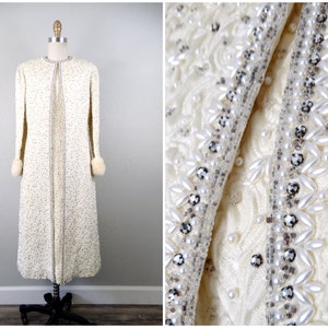50s 60s Pearl Beaded Princess Dress + Coat / 1950's 1960's Rhinestone Jewel Embellished Ivory Dress and Jacket w/ Fur Cuffs