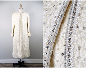 50s 60s Pearl Beaded Princess Dress + Coat / 1950's 1960's Rhinestone Jewel Embellished Ivory Dress and Jacket w/ Fur Cuffs