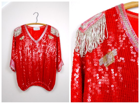 HEAVILY Sequined Beaded Top / Red Silk Dolman Slee