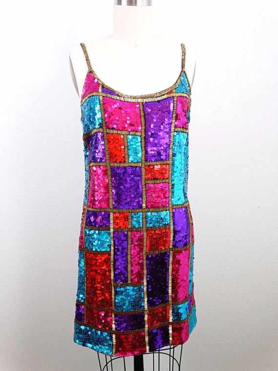M/L Stretchy Vintage Sequined Beaded Dress ‣ Pink… - image 2