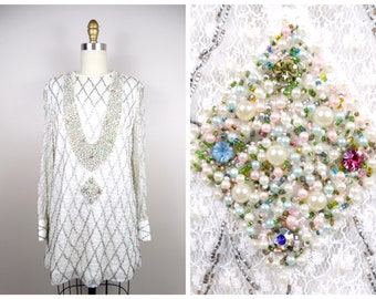 60s Pearl Beaded Dress by Valentina / White Lace Rhinestone Embellished Mod Mini Dress