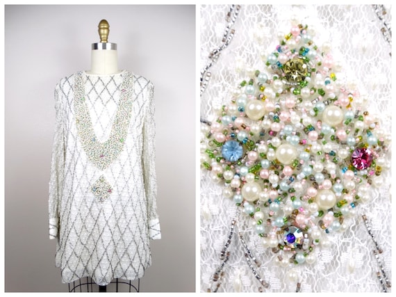 60s Pearl Beaded Dress by Valentina / White Lace Rhinestone