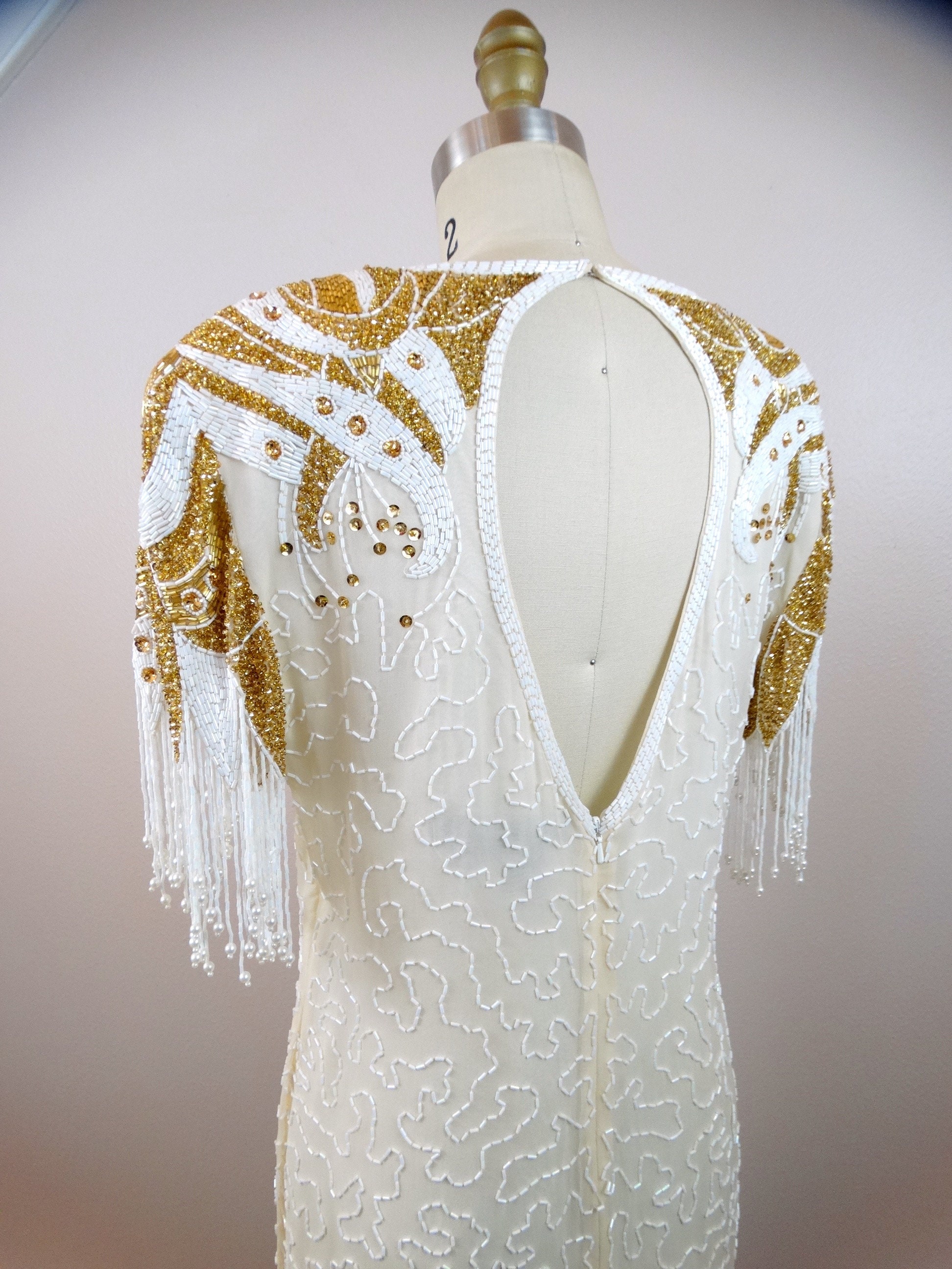Gold Beaded Pearl Fringe Embellished White Dress / Fringed Sleeves Sequined  Trophy Dress - Etsy