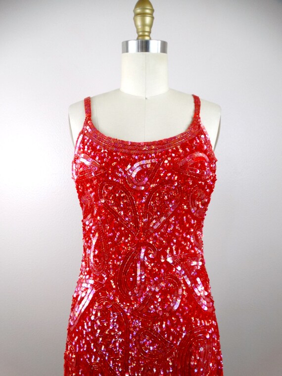 Red Sequin Fringe Beaded Flapper Mini // Vintage … - image 2