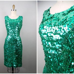 50s 60s Bullock's Emerald Sequin Dress / 1950's 1960's Couture Fully Embellished Kelly Green Sequined Wiggle Dress