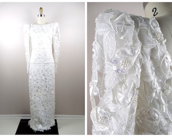 80s 90s Beaded Sequined Lace Dress / Vintage Pearl Wedding Dress / Sheer White Sequin Embroidered Bridal Gown