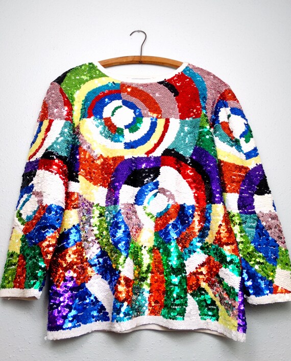 Rainbow Art Sequined Top // Vintage Sequin Embell… - image 2