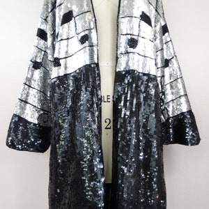 RARE Rockstar Sequin Novelty Duster // Black & Silver Sequined Beaded Musical Notes Long Jacket // Musicians Fully Embellished Coat image 3