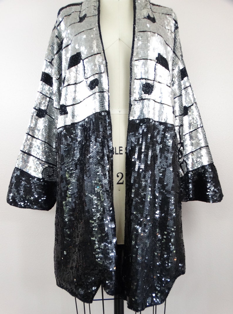 RARE Rockstar Sequin Novelty Duster // Black & Silver Sequined Beaded Musical Notes Long Jacket // Musicians Fully Embellished Coat image 3