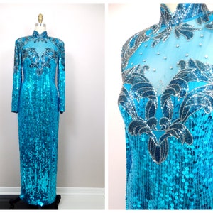 80s Sequined Beaded Turquoise Blue Gown • Vintage Full Length Prom Dress