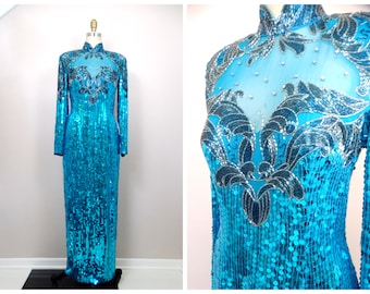 80s Sequined Beaded Turquoise Blue Gown • Vintage Full Length Prom Dress