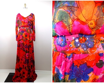 70s Retro Rhinestone Encrusted Maxi Dress // 1970's Bright Pink Red Orange and Purple Floral Crystal Embellished Gown by Esther Wolf Houston