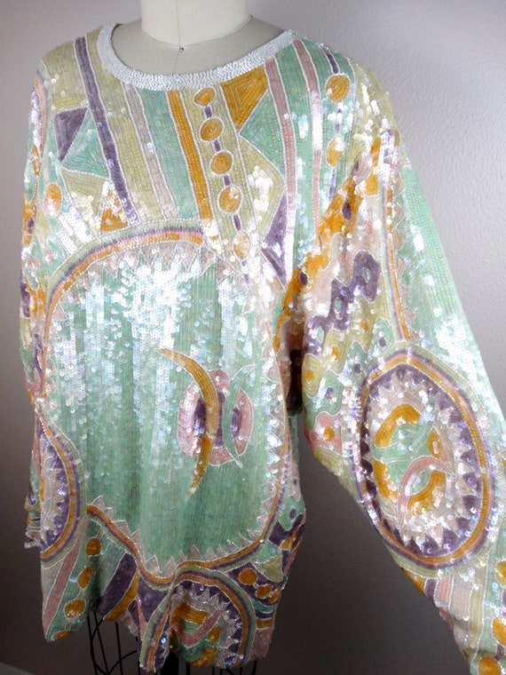 RARE Pastel Sequin Beaded Long Tunic Top • Oversi… - image 3