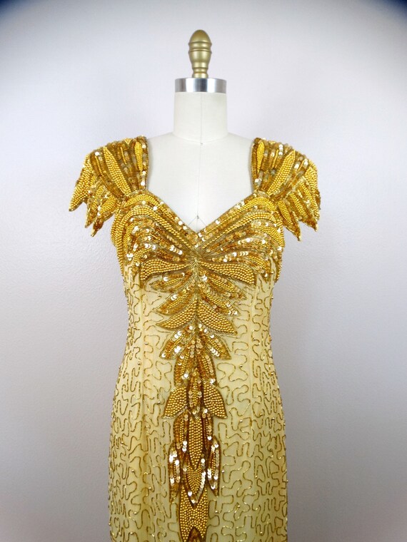 Art Deco Gold Sequin Dress // Vintage Beaded Sequ… - image 3