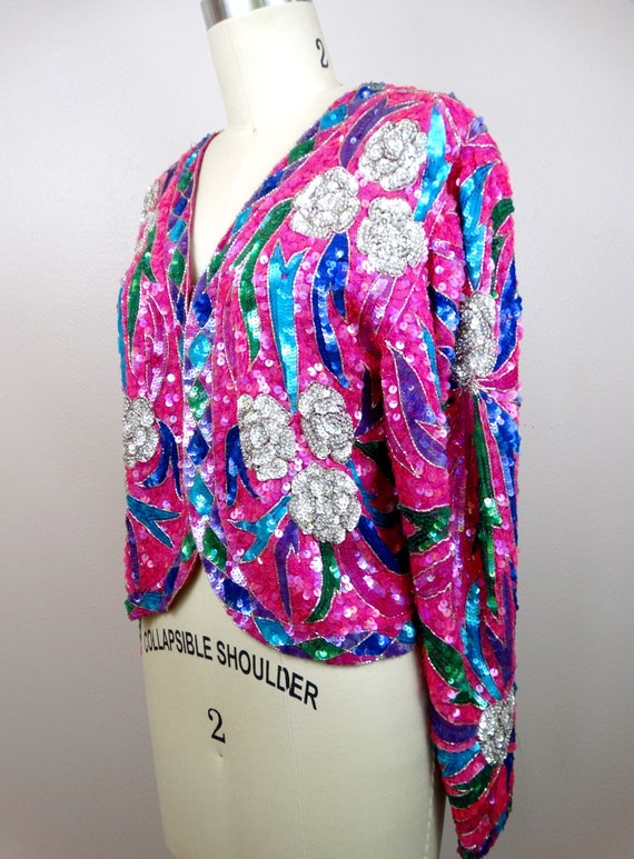 M/L Sparkling Sequined Cropped Shrug / Bright Pin… - image 3