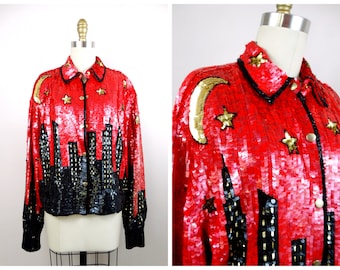 Skyline Scene Sequin Jacket / Retro Metro City Novelty NYE Jacket / Unique Sequined Button Down / Downtown Buildings Sequin Bomber Jacket