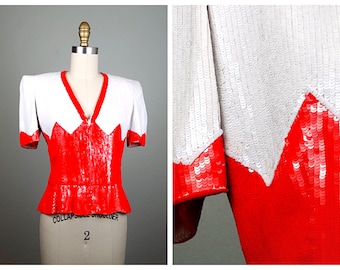 Carolina Herrera Sequin Top / Retro Vintage Red and White Sequined Zip Up Peplum Top