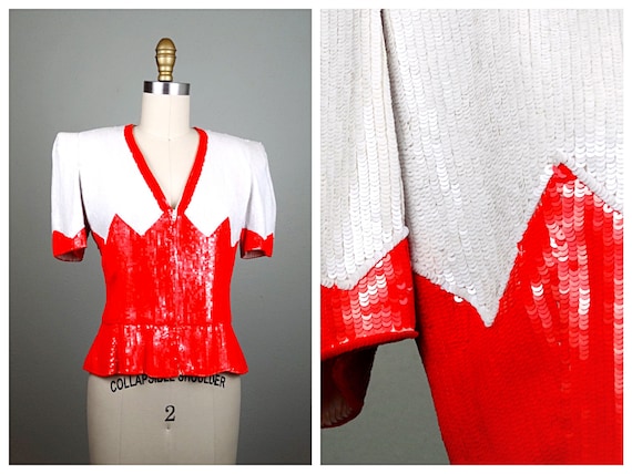 Carolina Herrera Sequin Top / Retro Vintage Red a… - image 1