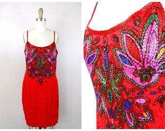 Red Silk Pink Beaded Dress // Bright Sequin Embellished Cocktail Party Dress // BRAXAE Vintage Co.