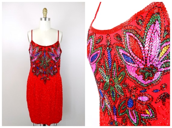 Red Silk Pink Beaded Dress // Bright Sequin Embel… - image 1