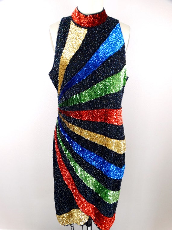 80s 90s Primary Color Sequin Evening Cocktail Dre… - image 6