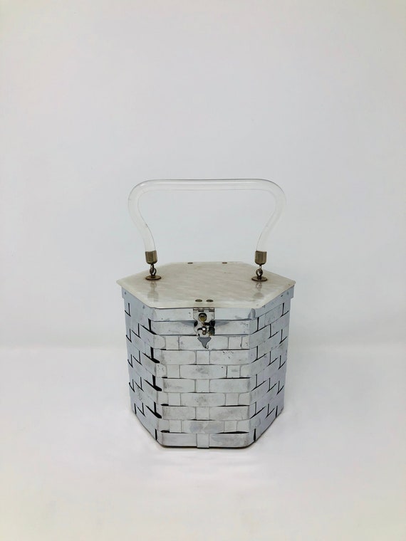 50s Vintage Metal Purse / 1950s White Marble Top … - image 1