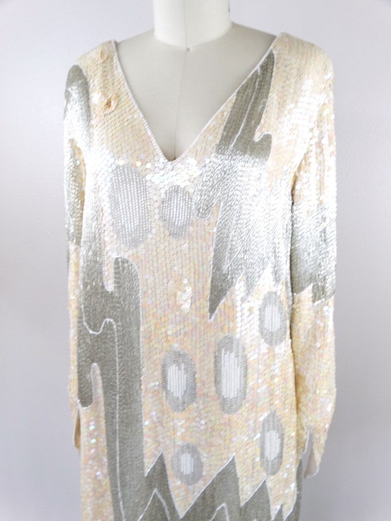 70s Glass Beaded Ivory Sequined Dress // Iridesce… - image 2