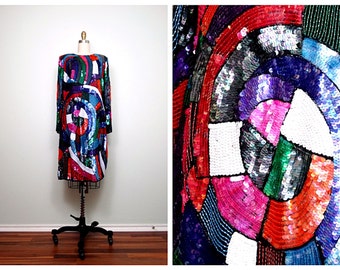 L/XL FuNkY Sequin Dress // Artsy Rainbow Sequined Dress // Colorful Embellished Geometric Dress Large XL