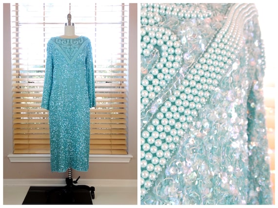 L/XL Mint Green Beaded Sequined Dress / Pastel Pe… - image 1