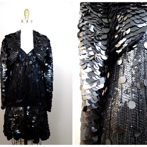 VTG Paillette Sequin Fringe Beaded Dress w/ Bolero Jacket // Fully Embellished Tassel Dress // Little Black Party Dress LBD Size Small