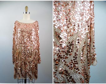 Rose Gold Sequin Mini Dress - Copper Bronze Beaded Party Dress Large XL