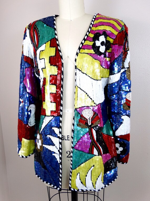 RARE Colorblock Sequin Jacket // Retro Rainbow Em… - image 2