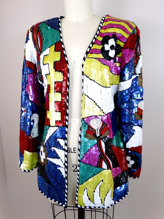 RARE Colorblock Beaded Jacket / Retro Rainbow Emb… - image 2